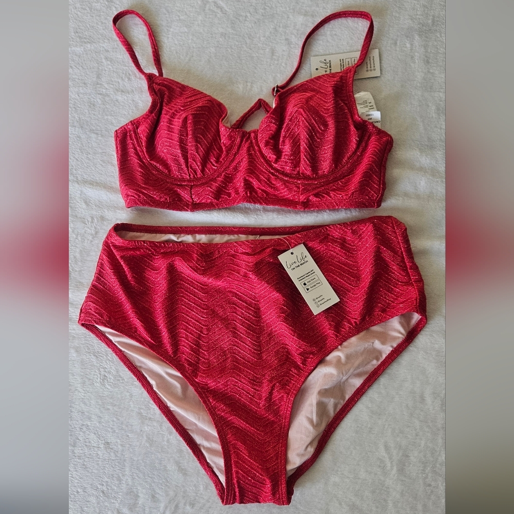 Cupshe Metallic Wave Texture Pink Bikini M/L Set NWT